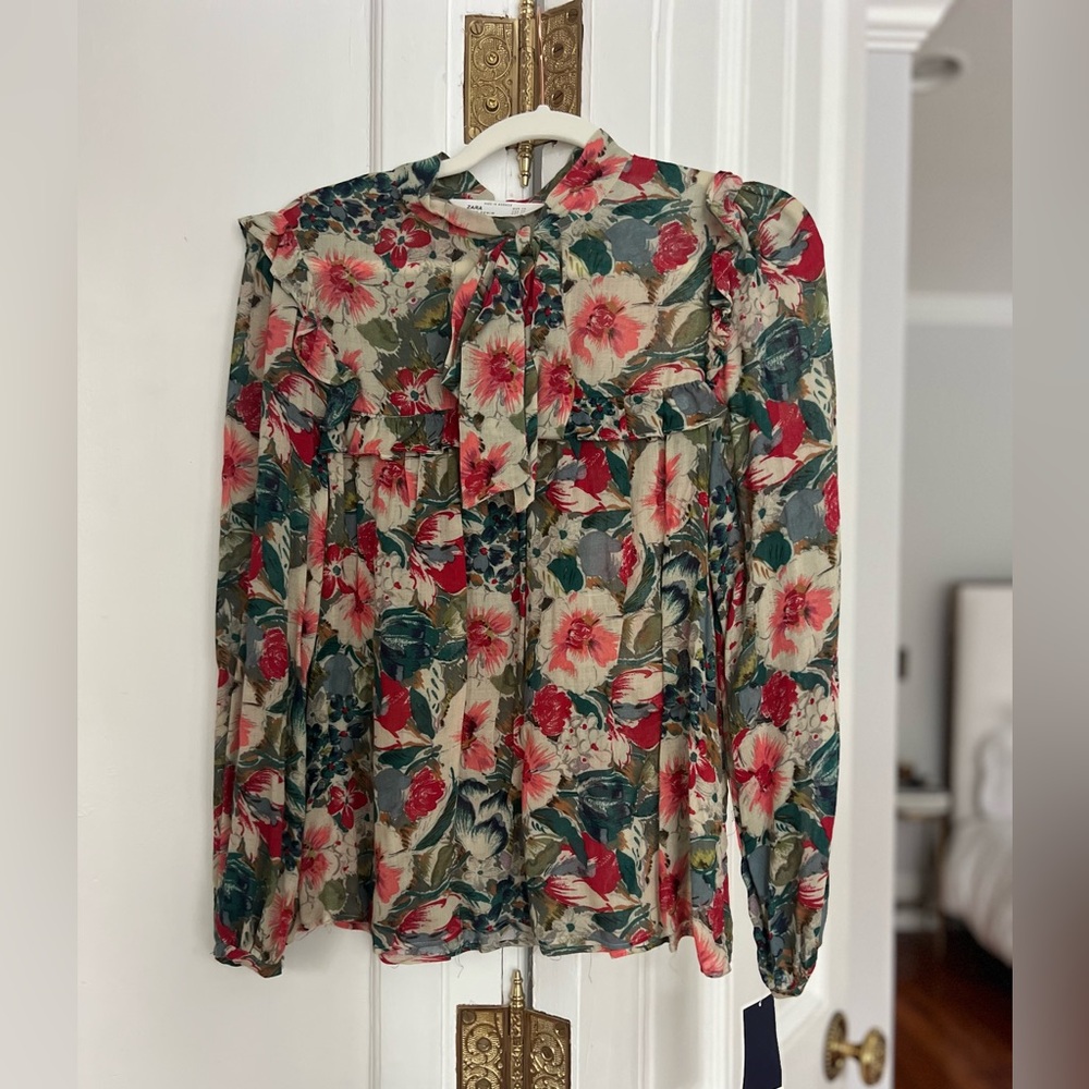 Zara Floral Blouse with Red and Green Accents